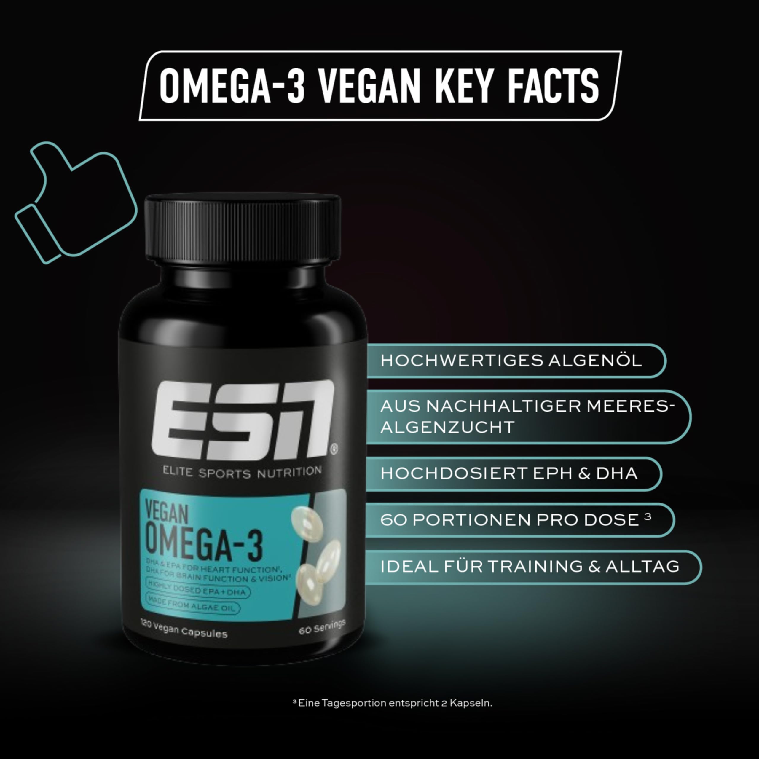 ESN Omega-3 Vegan, 120 Vegane Kapseln, Hochdosiertes Algenöl, 216 mg EPA & 432 mg DHA pro Portion