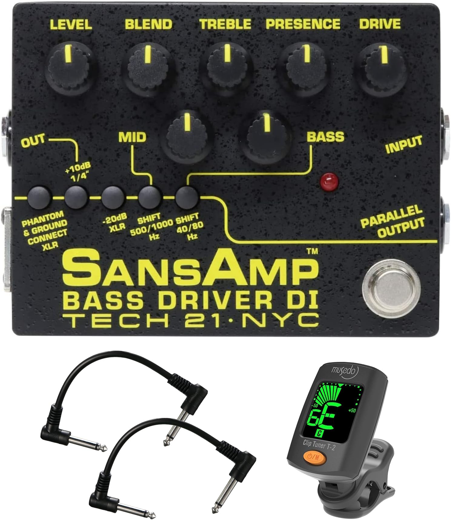 Tech 21 SansAmp Bass Driver DI V2 Bundle with 2 Patch Cables and Clip-On Tuner