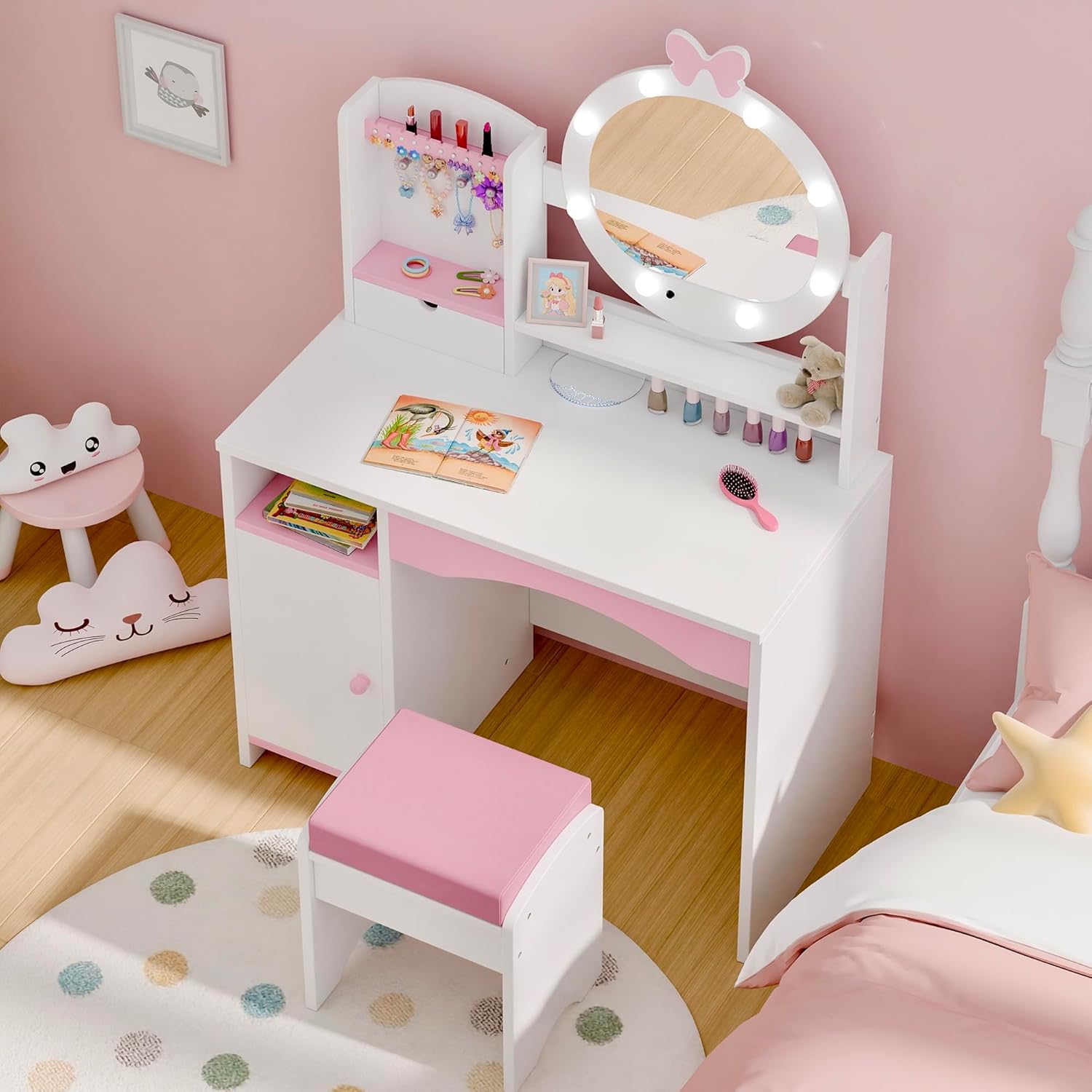 Overview of the vanity table's storage compartments including drawers, shelves, and a cabinet