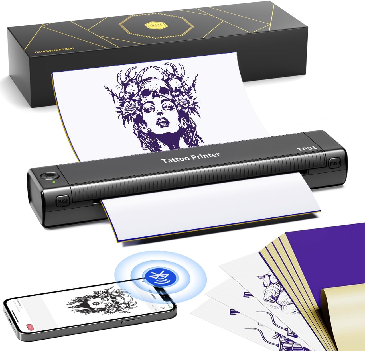 TP81 Wireless Tattoo Stencil Printer - Bluetooth Stencil Printer for Tattooing with 10pcs Transfer Paper, Thermal Tattoo for Artists & Beginners, Compatible with iPad Phone PC