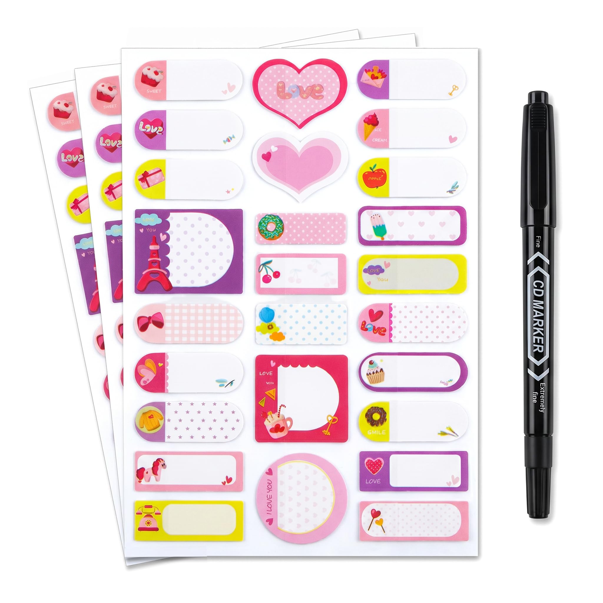 260PCS Waterproof Name Labels Stickers for Kids with Pen, Cartoon Patterns and Colourful Designs, Self Laminating Labels for Water Bottles, Stationery, Lunch Box, School Name Stickers (Pink)