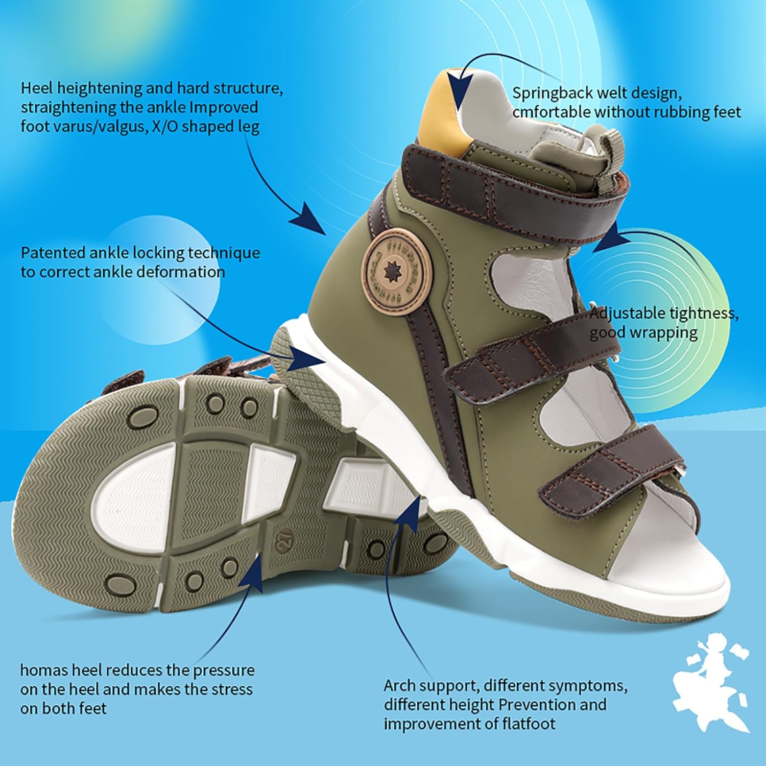 princepard Toddlers Orthopedic Sandals with Arch and Ankle Support,High-top Corrective Shoes for Kids