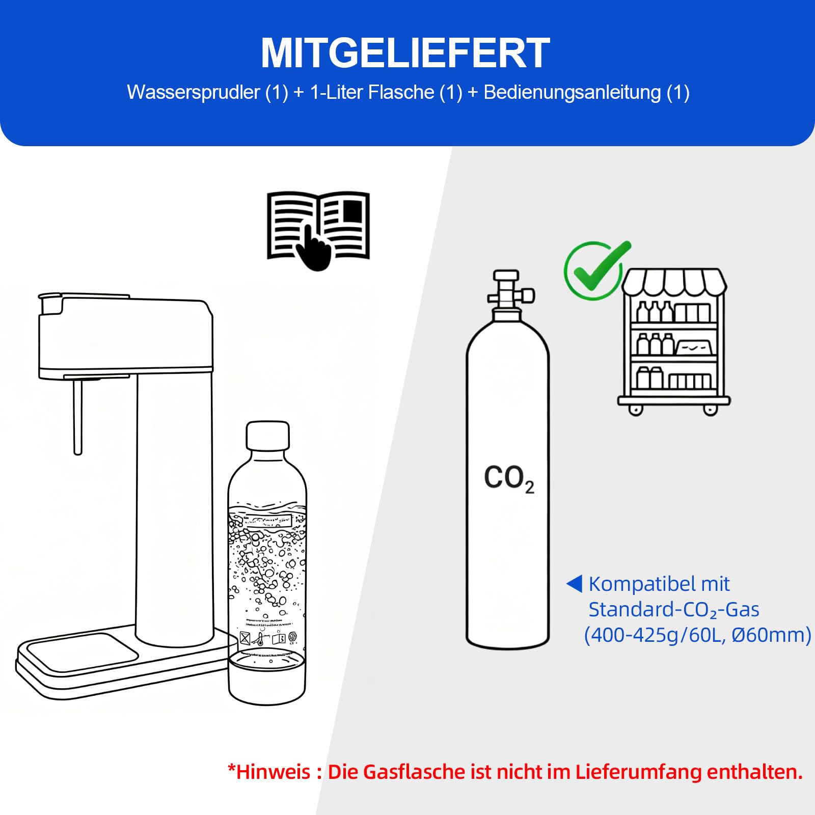 Wassersprudler Sodamaschine mit 1 Liter Flasche Höhe 40,5 cm Weiss | Stylisch und platzsparend,