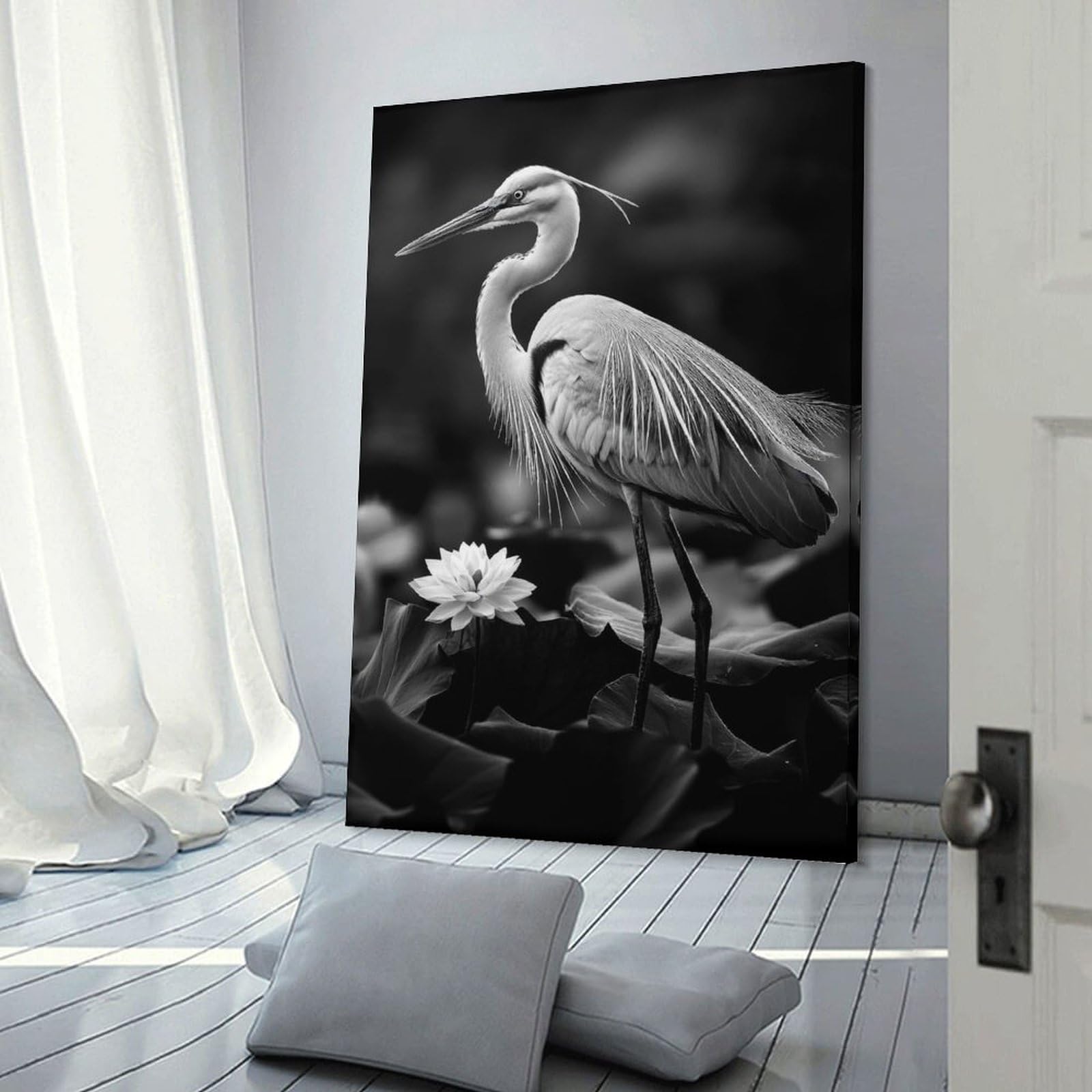 Junmoney Heron And Lotus Canvas Wall Picture, 20x30inch(50x75cm), for Wall Displays, Bedrooms Or Room Updates, Wall Decor Suited to Curated Displays