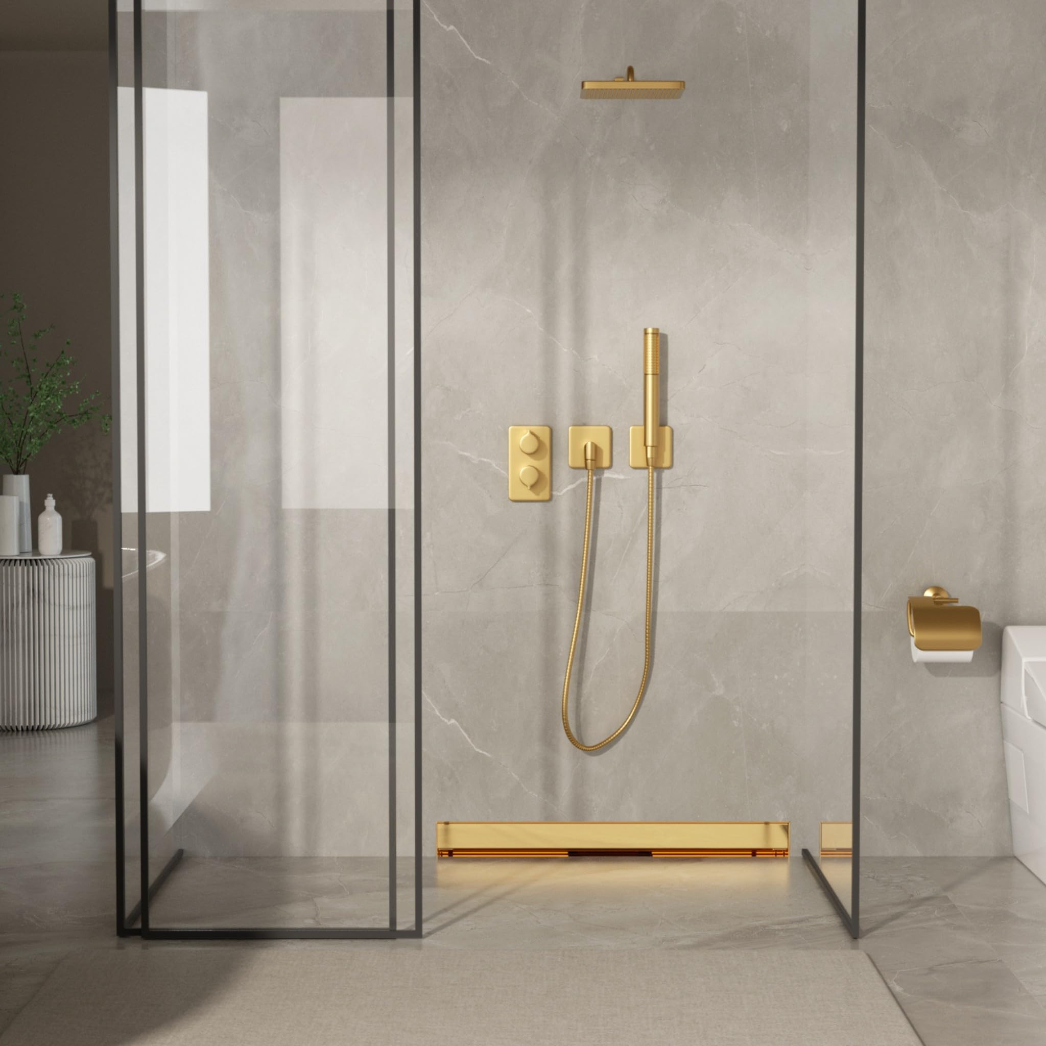 Canaleta de Ducha Kit Completo 80 cm Dorado Desagüe de Pared para Ducha - Canal de Drenaje Plano con Filtro para Pelo - W-Drain Next 2en1 Sifón Antiolores