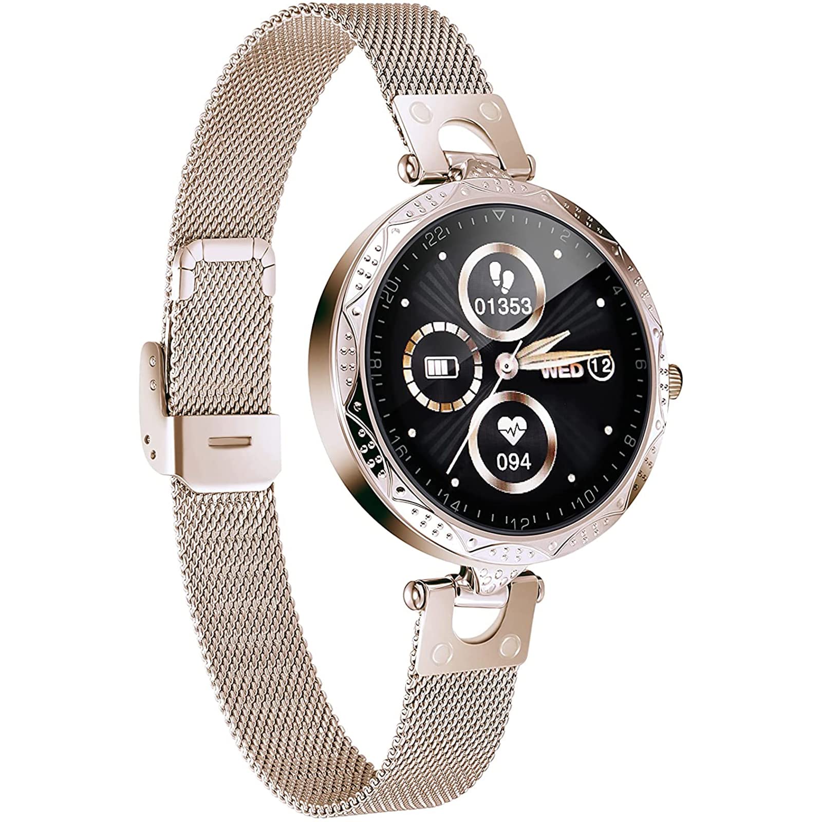 Damski smartwatch z ekranem dotykowym 2.8 cm. Wodoodporny monitor aktywności IP68 z pulsometrem, zegarek fitness, krokomierz, stoper, inteligentny zegarek do iOS/Andoid, złoty