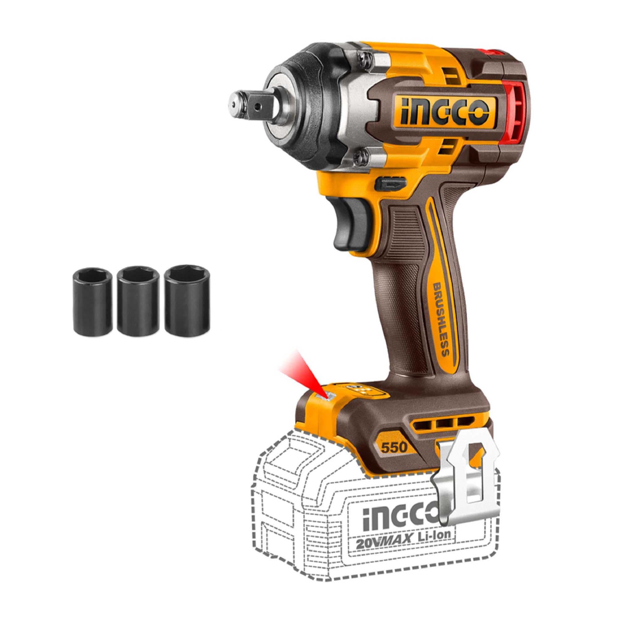 Ingco Brushless Impact Wrench 550Nm (Body Only), Nut-Busting Torque 700Nm, 20V Cordless 1/2Inch Battery Impact Gun, 3-Speed Variable 2200RPM, LED work light, with 3Pcs Socktet, 1Pcs Belt Clip-picture-22