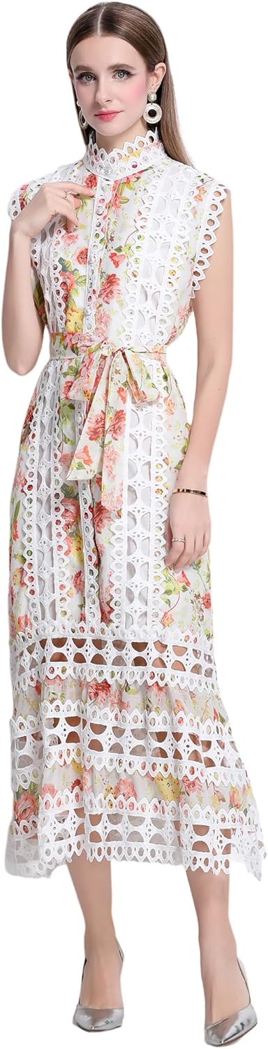 Women Lace Hollow Out Dress Party Midi Casual Sleeveless Button High Neck Dresses with Belt - Image 2