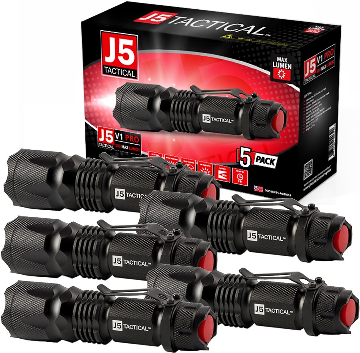 J5 TacticalV1-Pro Flashlight (5 Pack) The Original High Lumen Ultra Bright, LED 3 Mode Flashlight …