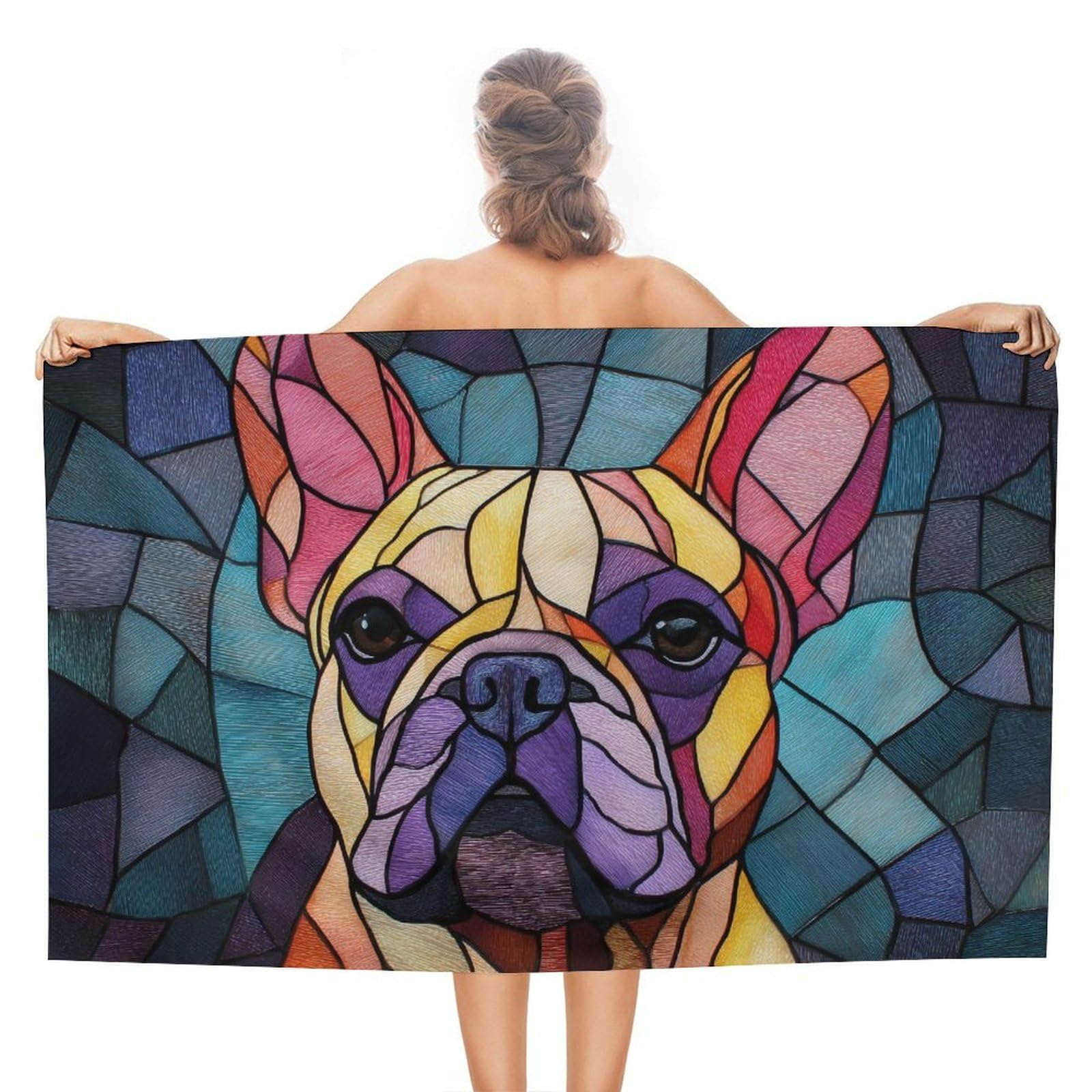 LSRCPD Stained Glass French Bull Dog Beach Towel Sand Free Microfiber Large Shower Towels Multipurpose Absorbent for Bathroom Pool 130x80 CM