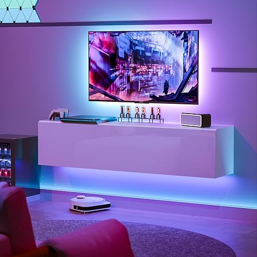 Miniatura 8 de Soporte de TV flotante con luz LED para televisores de hasta 65 pulgadas, moderno centro de entretenimiento de alto brillo de 55 pulgadas, consola
