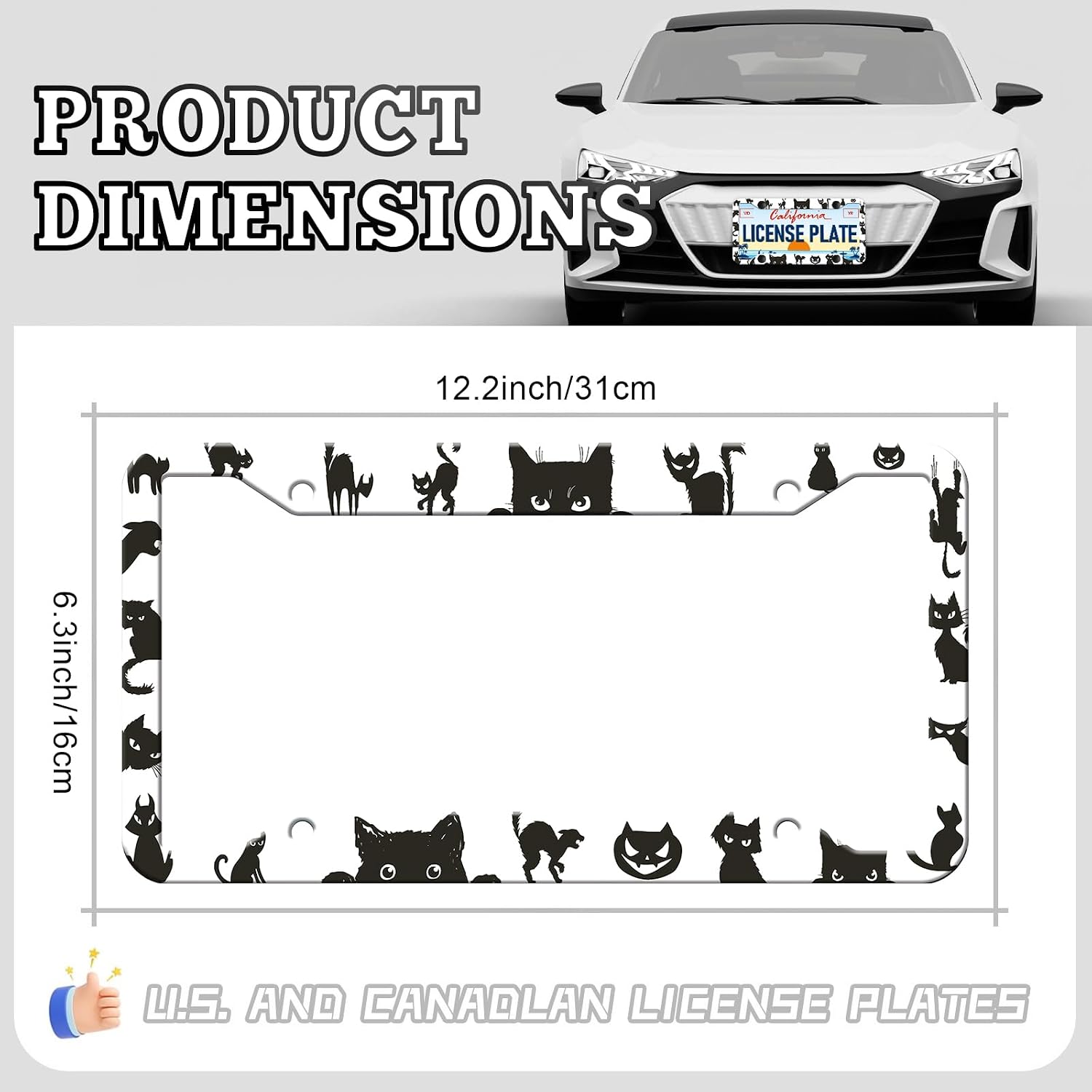 HCSS Black Cat License Plate Frames - 2 Pack Cute Cats License Plate Holder, Aluminum Metal Rust-Proof Waterproof Car Decorative Tag Frame for Standard US 12x6 Inch image 2