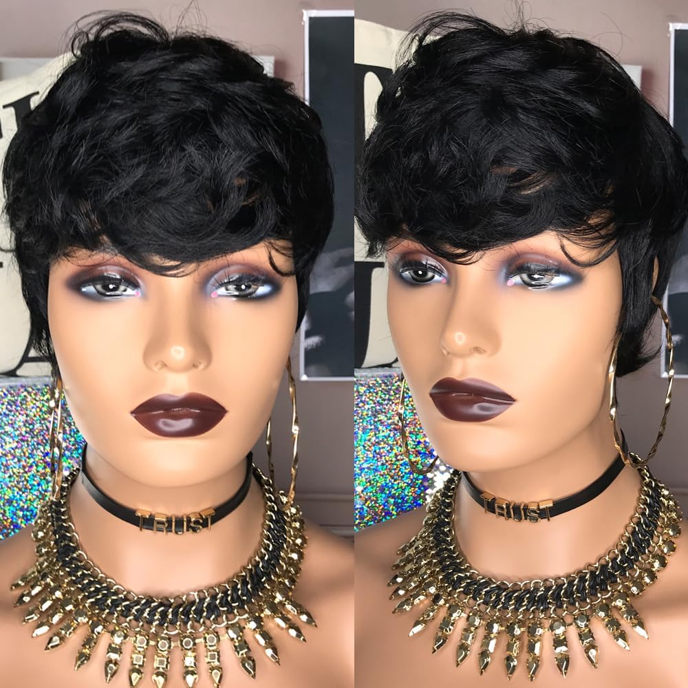 Pixie Cut Wigs Human Hair Mixed Synthetic, Short Wavy Layered Wig, Glueless, Breathable, Heat Resistant, Natural Look for Black Women, Daily, Party Use