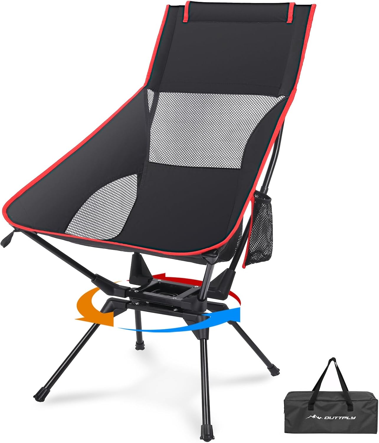 swivel camping chair, high back folding chair with head support, side cup pocket, stable portable outdoor chair for camp, travel, beach, party, fishing, hiking, backpacking, black red