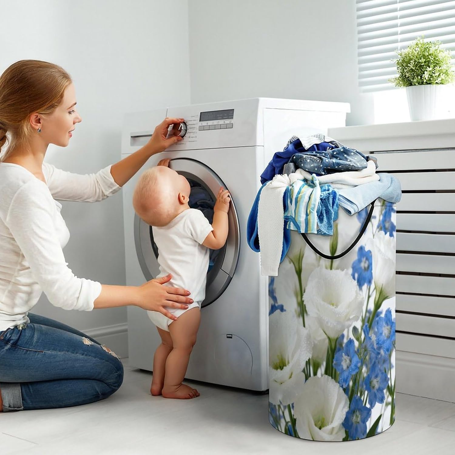 Floral White Blue Laundry Hamper with Handles Waterproof Collapsible Laundry Basket Large Lightweight Round Dirty Clothes Hamper for Home Dorm Bathroom Decor