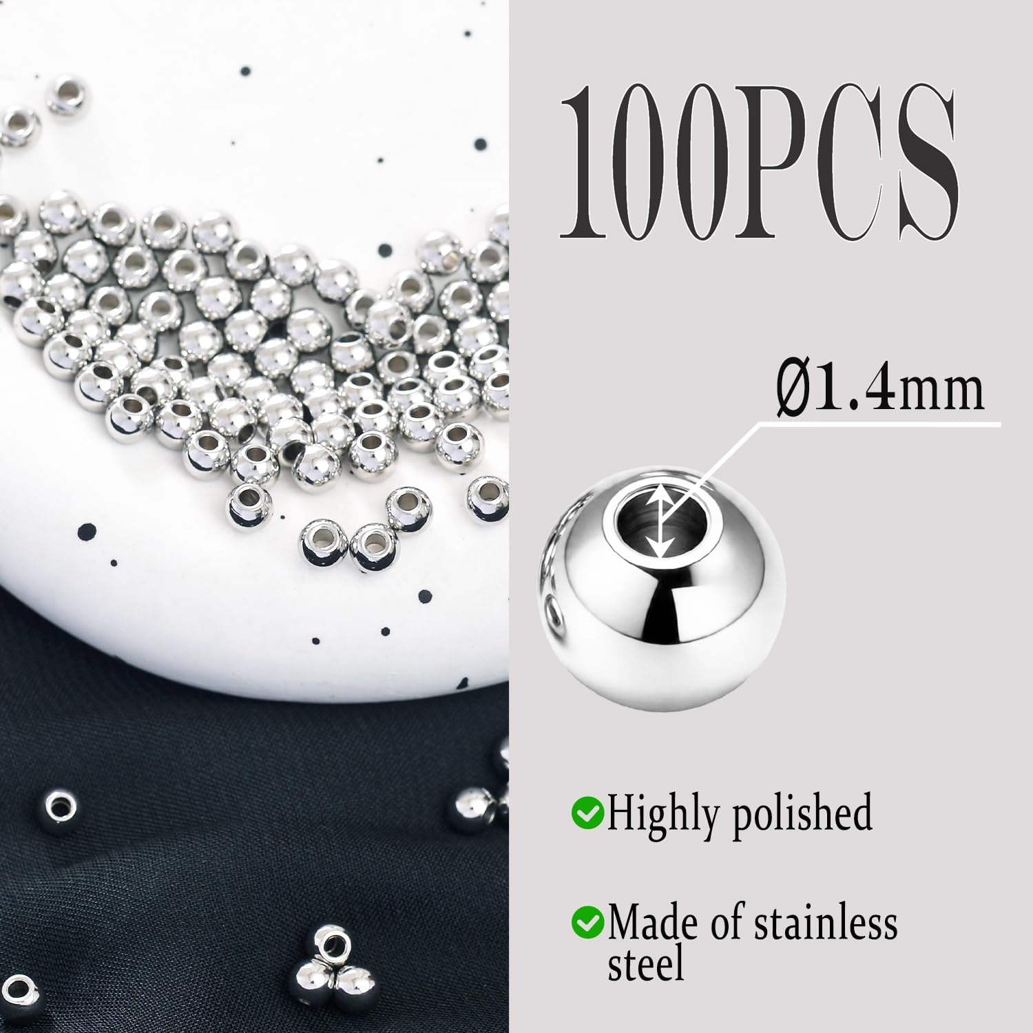 100Pcs Fadeless Metal Beads for Jewelry, Round Spacer Beads (Silver, 4mm)