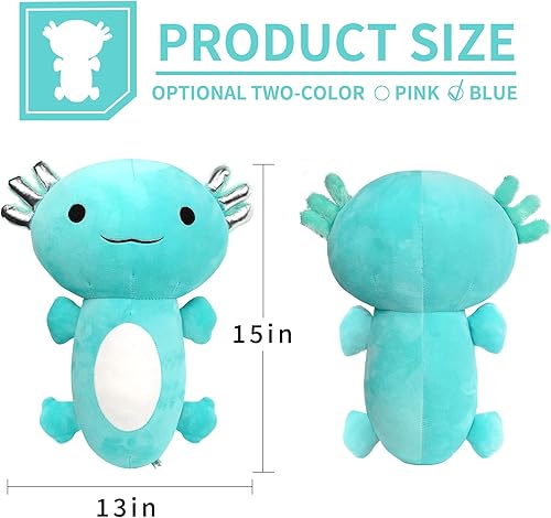 Miniatura 2 de Axolotl - Juguetes de peluche de 15 pulgadas, suave, lindo, animal, almohada, regalo de cumpleaños para niños, decoración del hogar (azul)
