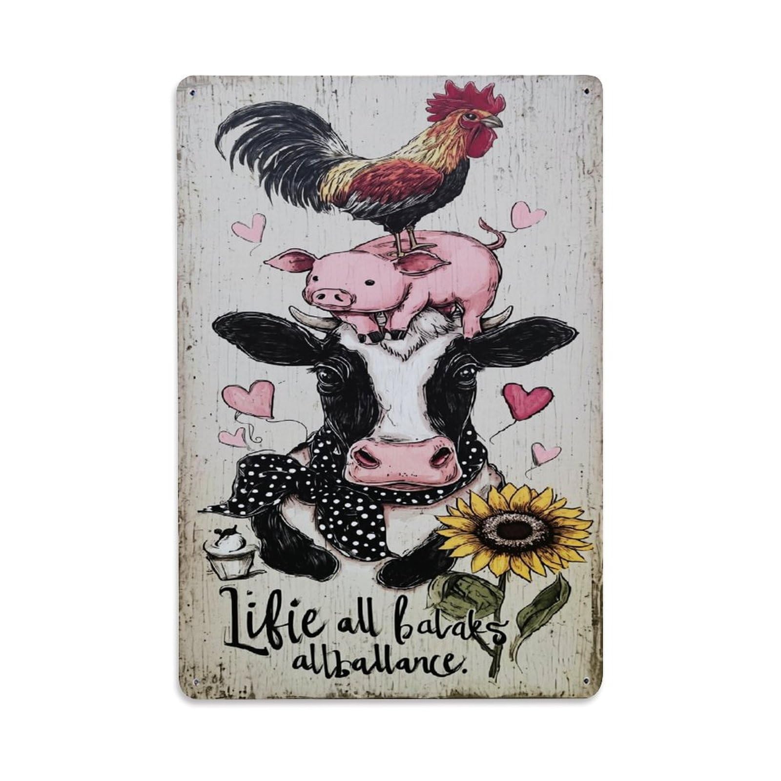 Farm Animal Stack With Hearts Retro Metal Tin Sign, Vintage Decor Art Poster for Bar, Home, Man Cave, Kitchen, Laundry Room Gift 8x12Inch