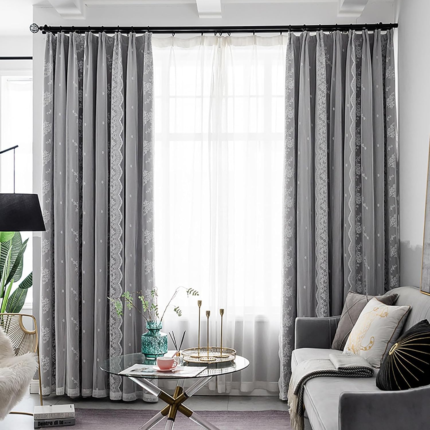 Blackout Curtains for Bedroom, Double Layer Vintage Lace Window Curtains Home Decor Drapes for Living Room Dining Office(W*H:200x250cm(79x98inch), Gray)