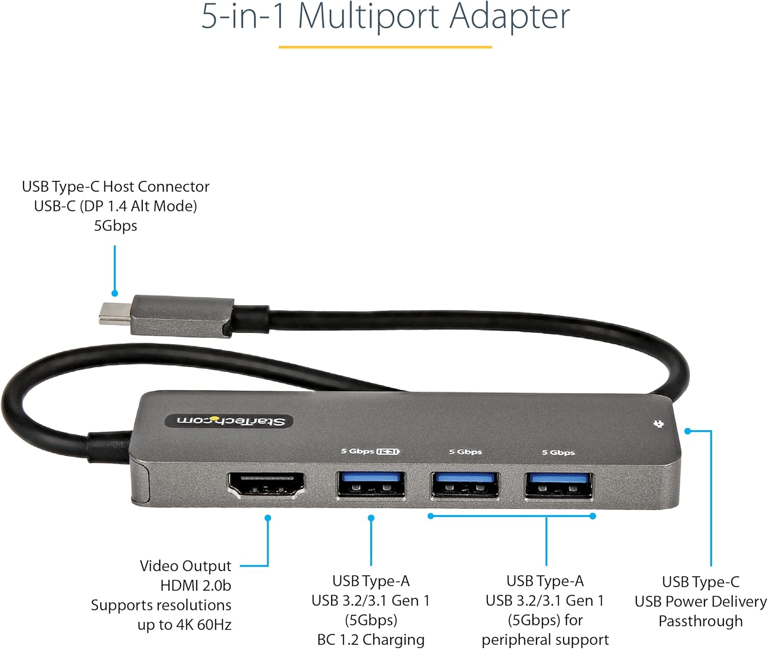 StarTech.com USB C Multiport Adapter - USB-C to HDMI 2.0b 4K 60Hz (HDR10), 100W Power Delivery Pass-Through, 4-Port USB 3.0 Hub - USB Type-C Mini Dock - 12" (30cm) Long Attached Cable (DKT30CHPD3)