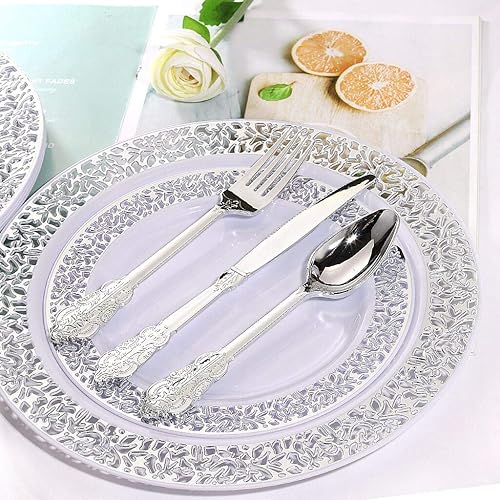 Miniatura 4 de WDF 360 cubiertos de plástico plateado, cubiertos desechables, cubiertos de plástico pesados, incluye 120 tenedores, 120 cucharas, 120 cuchillos