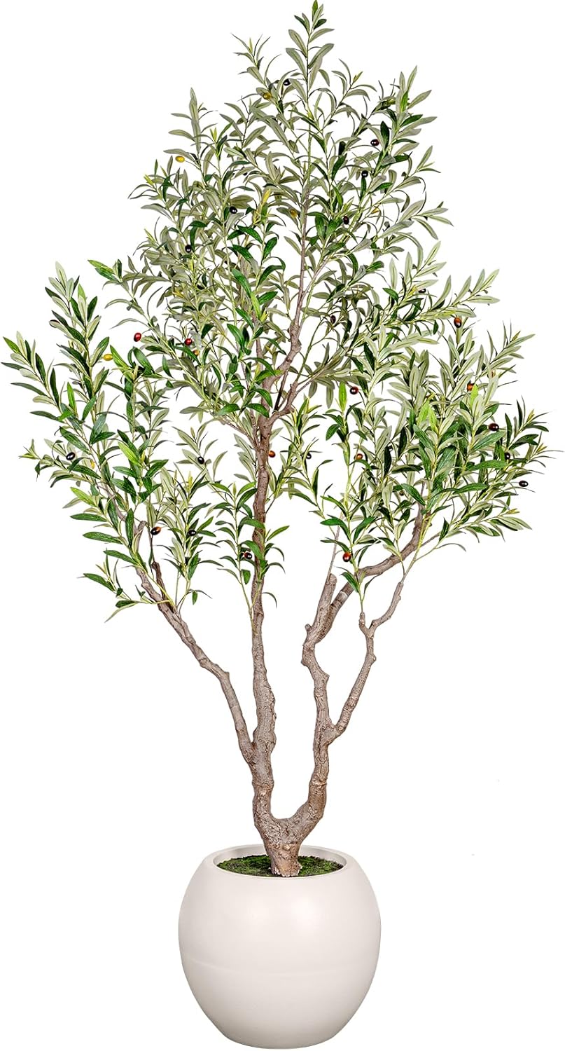 VIVATREES Olive Tree Artificial Indoor, 8FT Tall Faux Olive Tree with 16in Round White Planter, Artificial Plants with Natural Wood Trunk and Lifelike Fruits for Home Office Decor