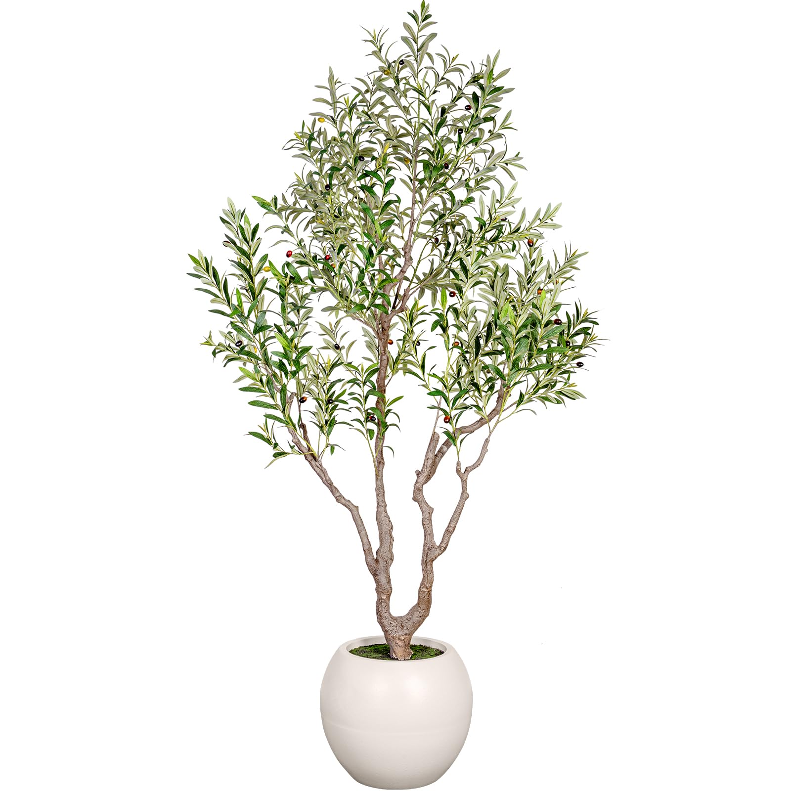 olive tree artificial indoor, 8ft tall faux olive tree with 16in round white planter, artificial plants with natural wood trunk and lifelike fruits for home office decor (set of 2)