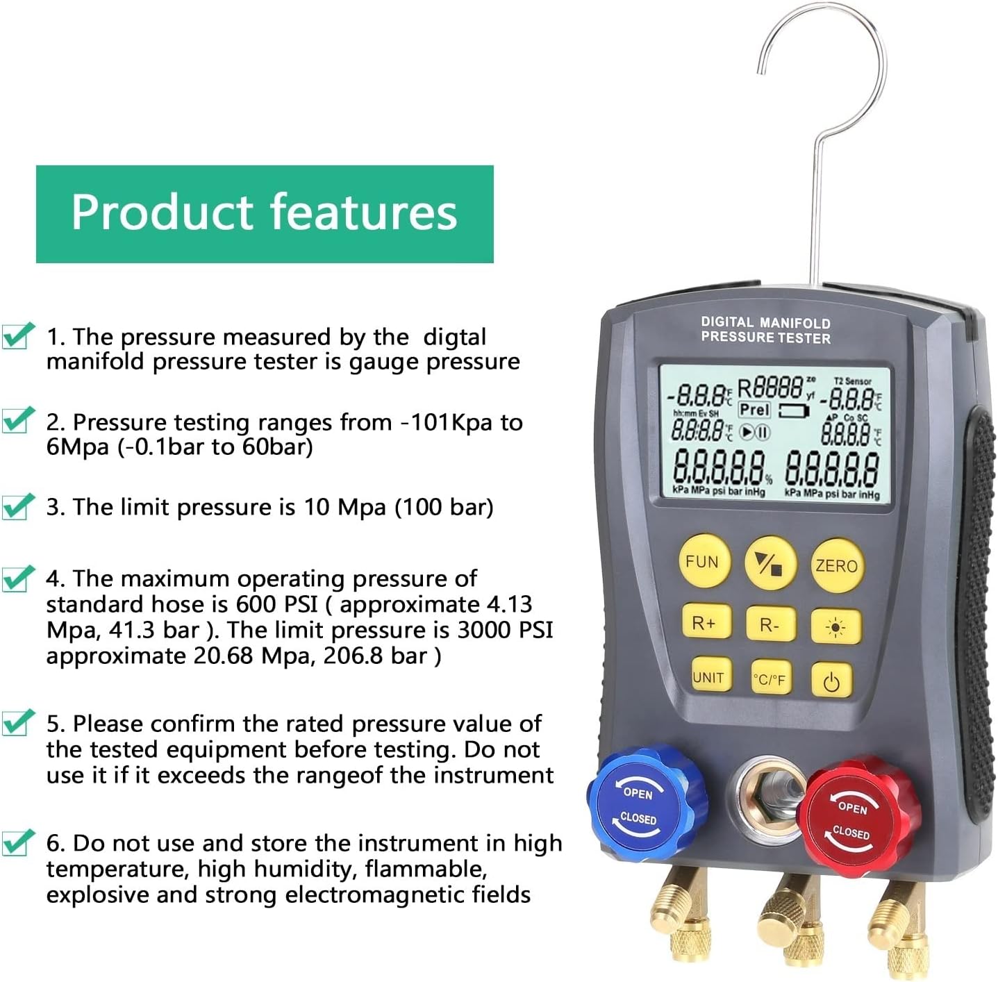 Digital Force Gauge, Digital Vacuum Pressure Meter Pressure Gauge Refrigeration Manifold Tester Meter Temperature Tester Digital Manifold Gauge Meter for Measurement(Type1)