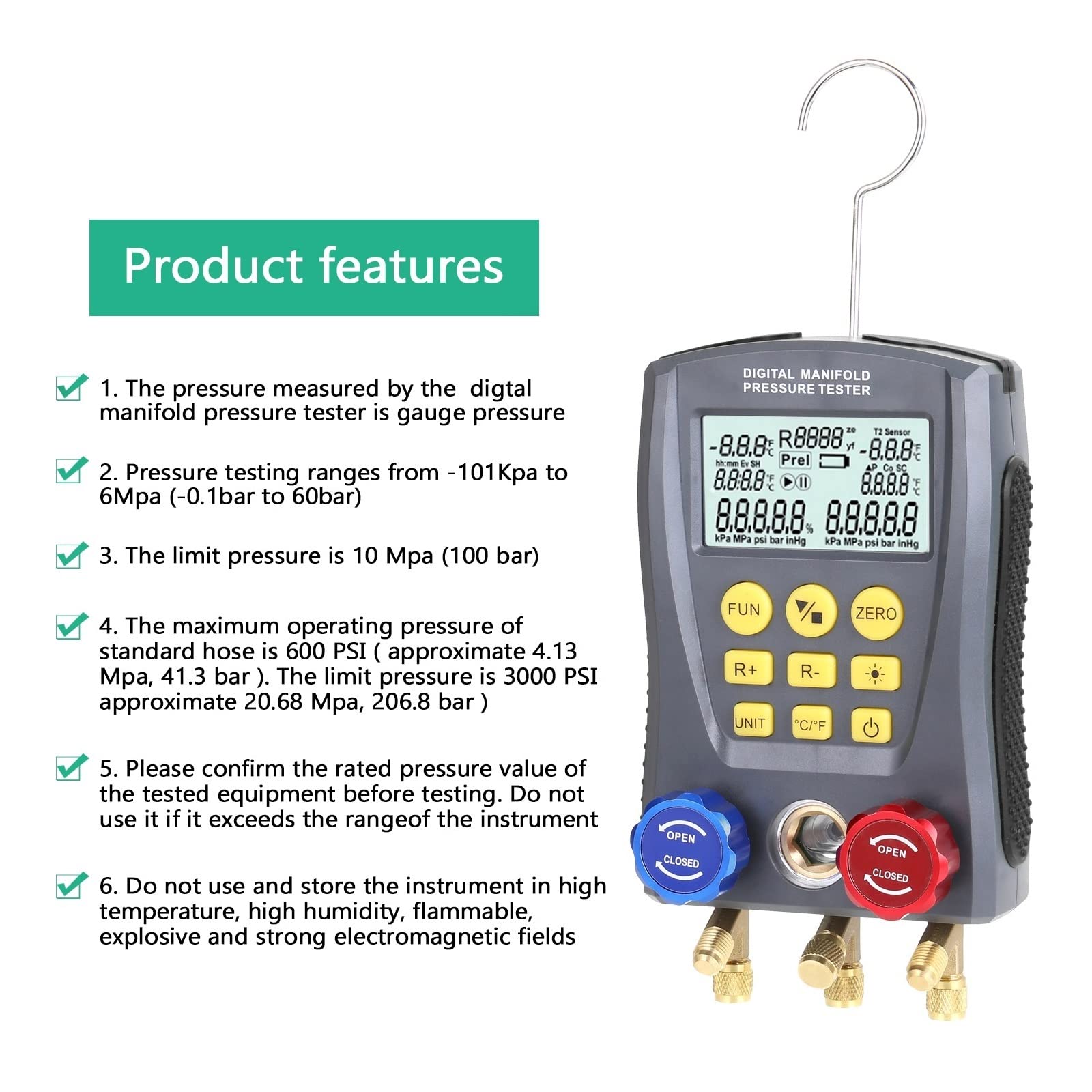 Medidor de presión vacío Digital colector refrigeración Temperatura manómetro para Pruebas de Mantenimiento(Type3)