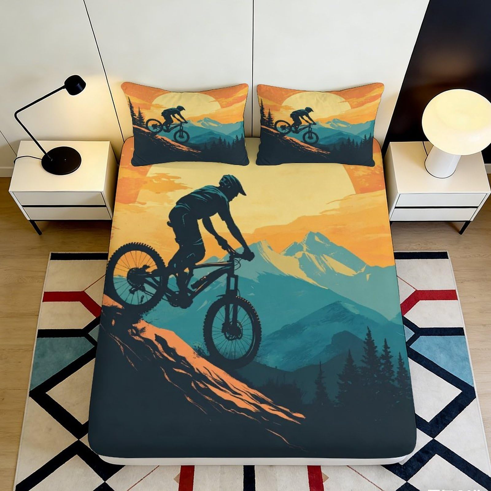 3D Printed Mountain Biking Fitted Sheet Microfiber Soft Breathable Sunset Landscape Mattress Cover for Bedroom Dorm Home Decor 90x200x25cm
