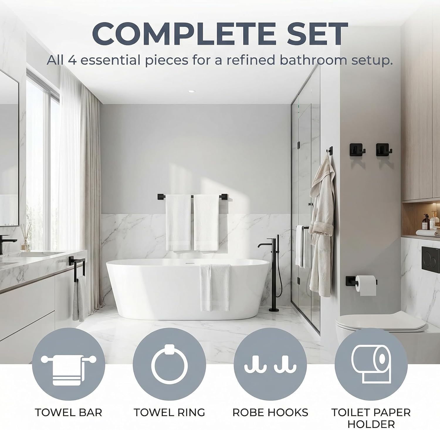 5-Piece Square Matte Black Bathroom Hardware Set - Wall Mounted Towel Bar Bath Accessories