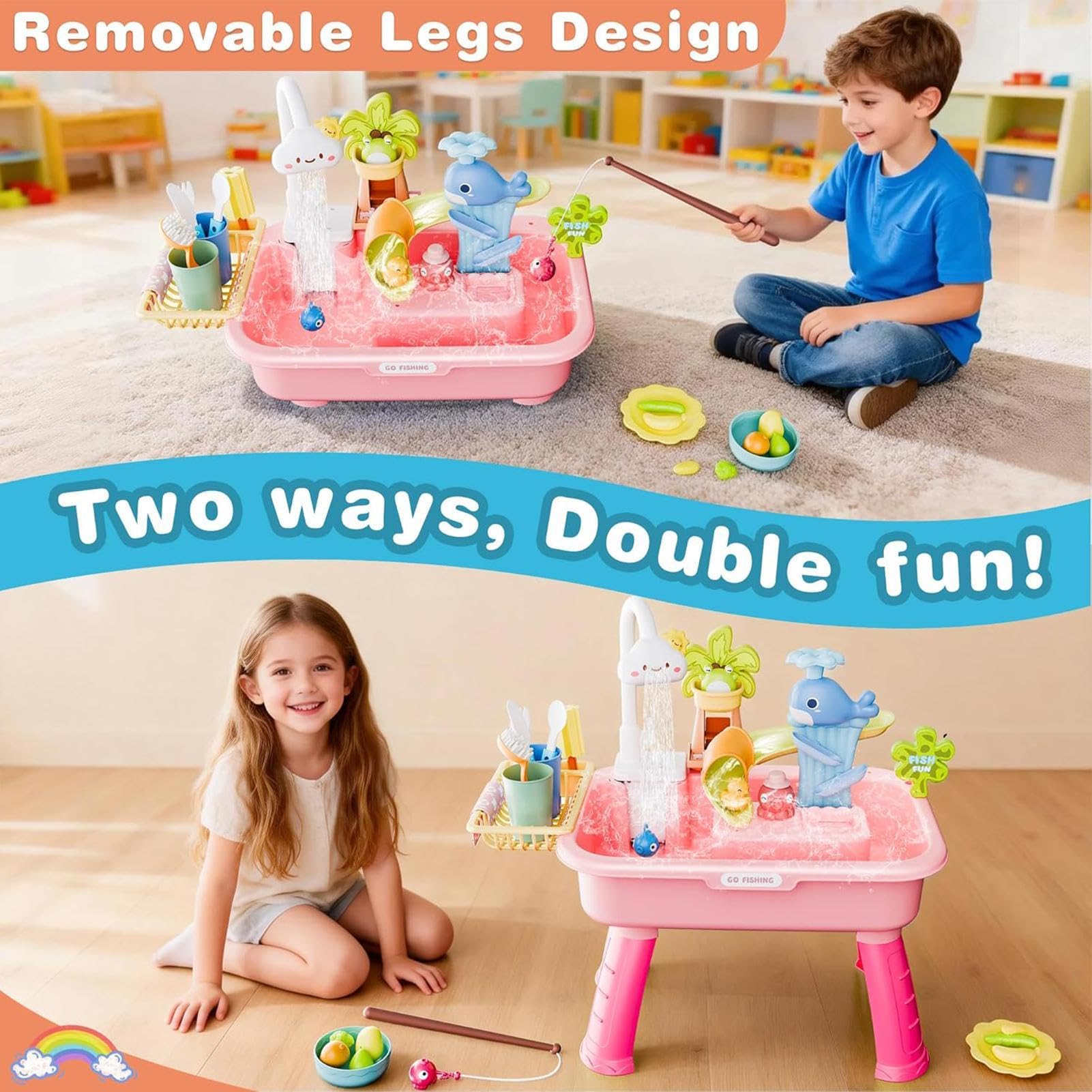 Générique Tables Jeux d'eau d'exterieur pour Enfant, Ensemble de Jeux d'eau et de Sable, évier 4 en 1 avec Eau Courante et Pompe, Jouet Multifonctionnel pour pour Plage, Piscine, Jardin(A)