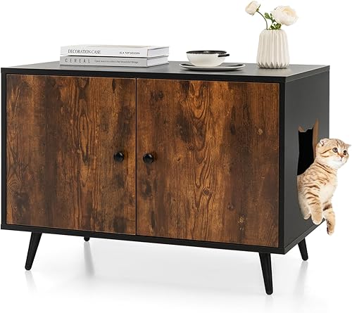 Tangkula Caja de arena para gatos, armario oculto para baño de gatos con 2 puertas, divisor, patas de metal resistentes, caja de arena doble cerrada