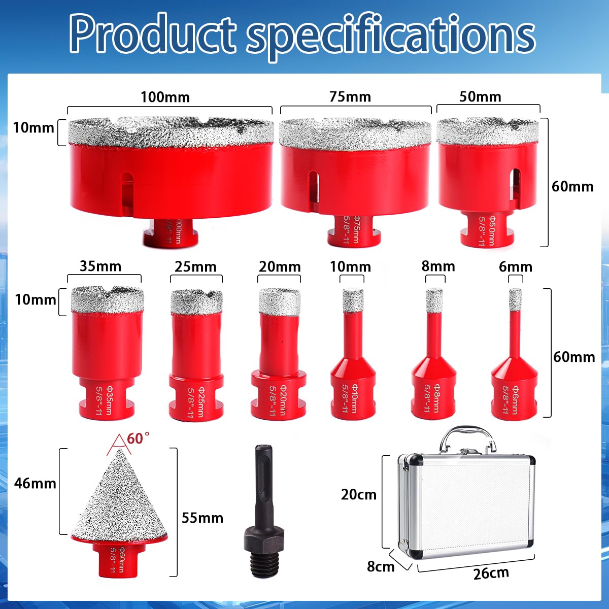 Diamond Drill Bits Set, Tile Hole Saw Kit, Cutter Suitable for Tiles, Marble, Ceramic and Granite. 11 Pcs (6/8/10/20/25/35/50/75/100mm/2 inch/SDS)