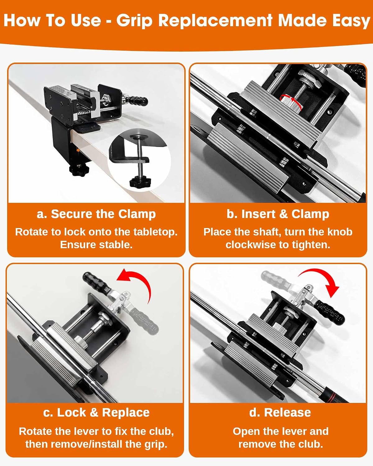 3-in-1 Golf Shaft Clamp, 360° Swivel Aluminum Golf Club Regripping Vise | Portable Anti-Slip Golf Club Grip Replacement Tool with Shaft Protection image 4