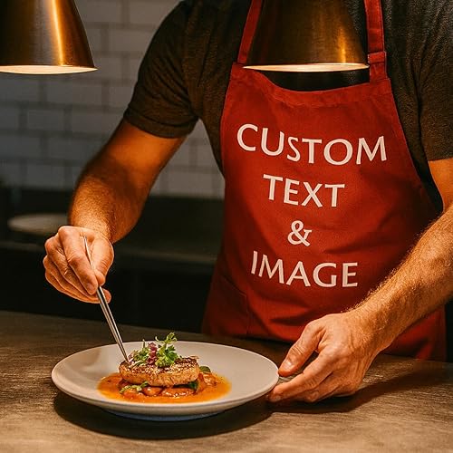 Miniatura 3 de LeWall Delantal personalizado  Logotipo de nombre personalizado para cocinar hornear y manualidades  Cuello ajustable, bolsillos delanteros, algodón