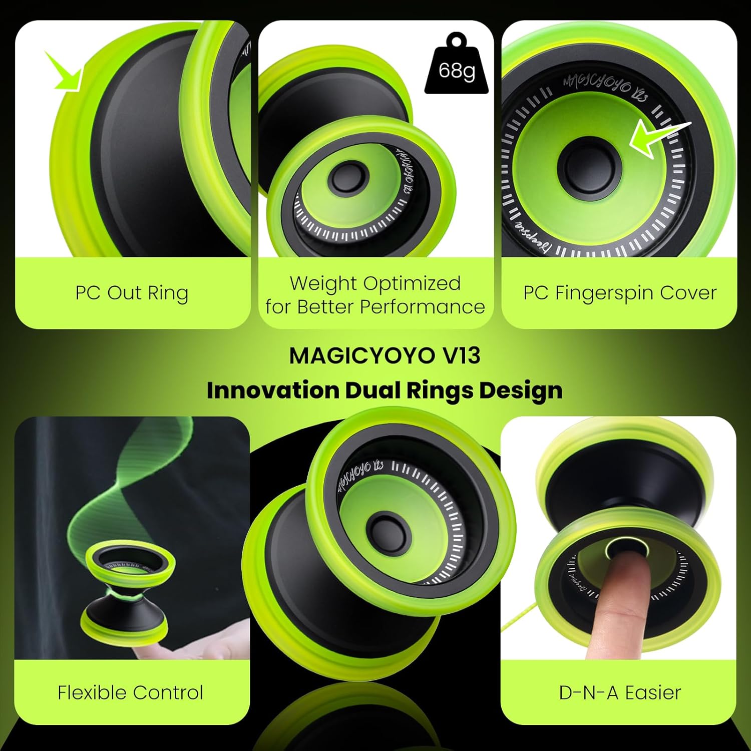 MAGICYOYO V13 DEEPSPIN Bi-Material Yoyo for Kids 8-12 and Adults, Dual Purpose Professional Yoyo for All Skill Levels, Trick Yo yo with 12 Yo-yo Strings, Finger Brace, Bearing Kit-Black+Yellow Rings