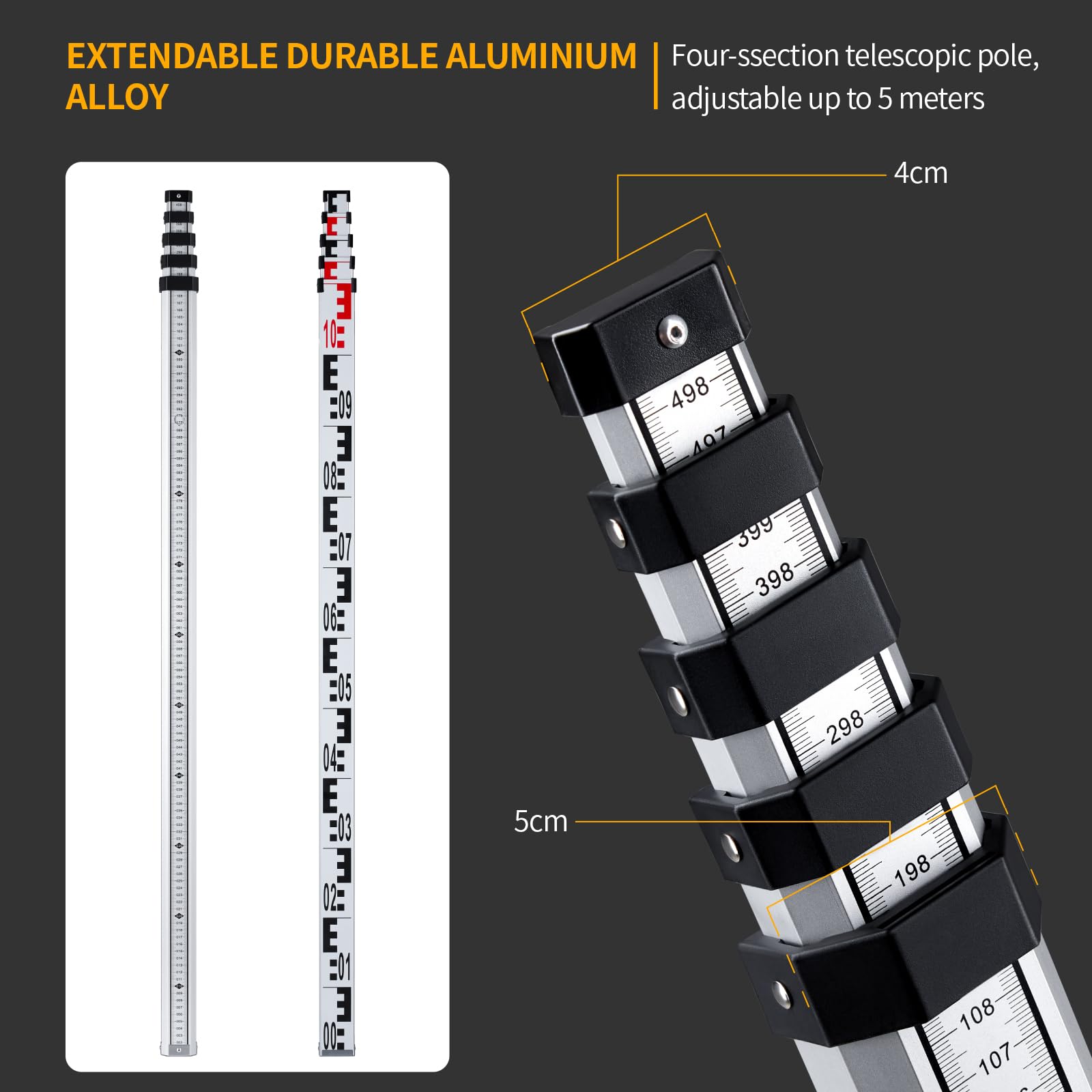 Livella telescopica Firecore 5m, asta di misurazione in alluminio per laser reticolo e laser rotanti, righello di misurazione con livella e borsa in nylon, lunghezza 5m, 5 segmenti, scala cm/mm)