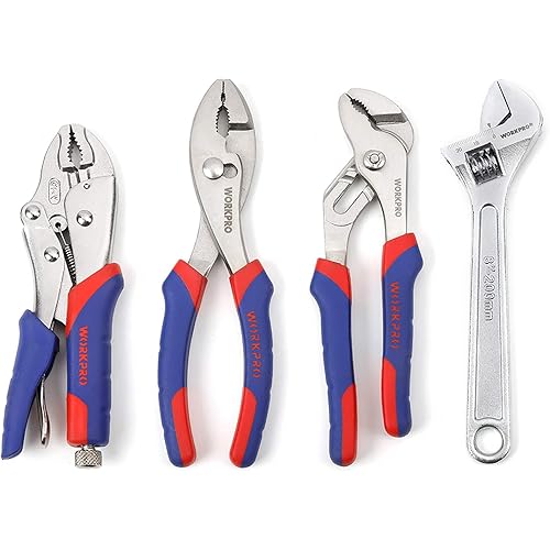 WORKPRO Pliers Set 4-piece Locking Plier Slip-joint Plier Groove Joint Pliers and Adjustable Wrench Home Maintenance Tool Kit
