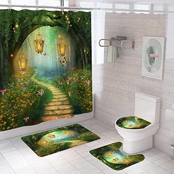 4PCS Green Enchanted Forest Path Shower Curtain Sets With Rugs, Waterproof Fabric Shower Curtain Magical Misty Jungle Mushroom Wildflower Butterfly Fairy Tale Fantasy Wonderland Bathroom Decor