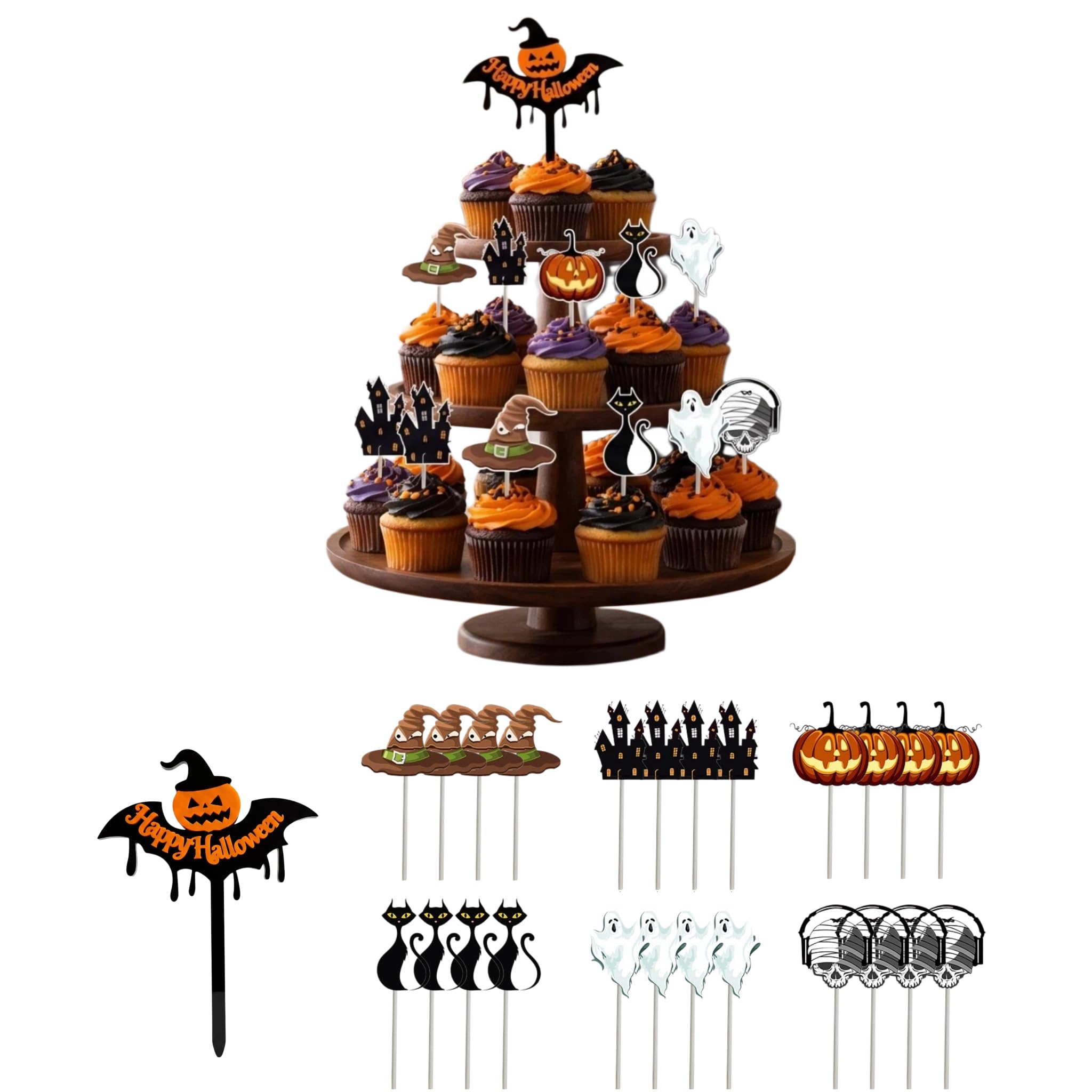 Halloween Cake Decorations, 25 Pieces Cake Toppers Set, Pumpkin, Witch Hat, Haunted House, and Black Cat, Ghost Mummy Skull Paper Cake Decorations for Halloween Party Cupcakes & Cocktails