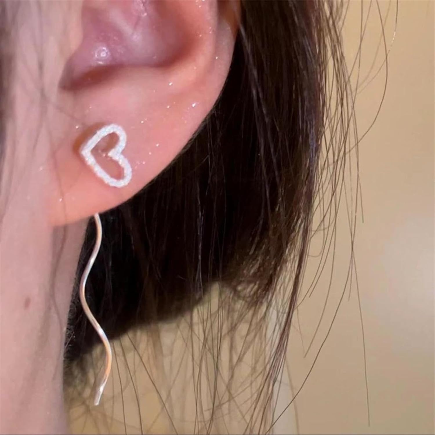 Silver Heart Threader Earrings Hollow Heart Ear Threader Earrings Long Heart Threader Dangle Earrings Tassle Chain Drop Earrings Jewelry for Women - Image 2