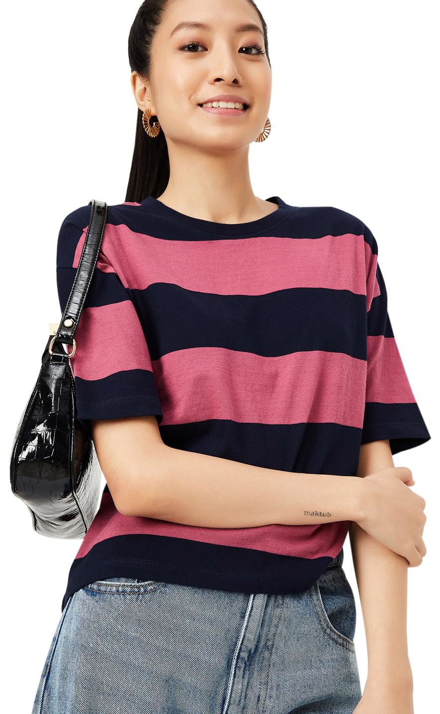 MaxWomen's Cotton Regular Fit Striped Drop Shoulder T-Shirt