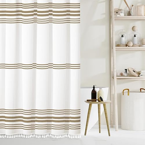 Miniatura 5 de Seasonwood Cortina de ducha beige y blanca con borlas, 72 x 72 pulgadas, cortinas de ducha neutras para baño, cortina de ducha moderna a rayas