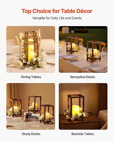 Miniatura 6 de VEVOR Juego de 2060 centros de mesa de madera para bodas, incluye 20 faroles de madera, 20 velas LED sin llama, 20 coronas de flores de champán para