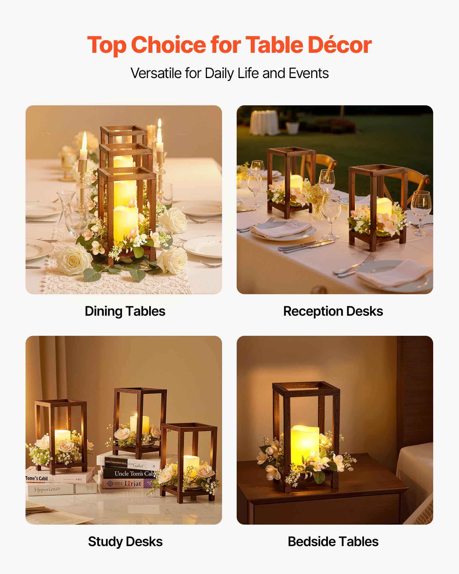 VEVOR 10er-Set Holzlaternen für Hochzeiten, inkl. 10 Holzlaternen-Kerzenhaltern, 10 flammenlosen LED-Kerzen, 10 Champagner-Blumenkränzen für Hochzeitstisch, Party, Bauernhaus-Dekoration, Braun