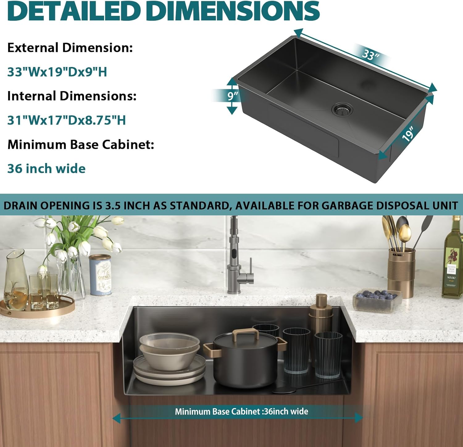 Black Undermount Kitchen Sink 33x19x9 Inch Single Bowl 18 Gauge Stainless Steel Under Counter Sinks Basin With Drain Strainer