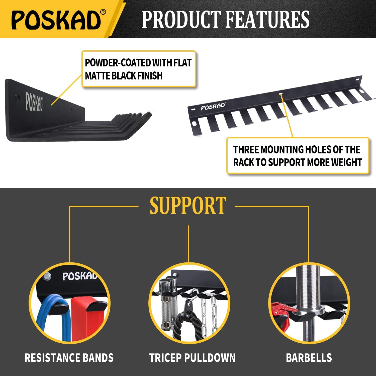 Poskad Multi-Purpose Gym Storage Rack,8 OR 12 Hook Heavy-Duty Steel Gym Organizer Wall Mount Hanger for Home and Pro, Gym Accessory Storage Resistance Bands,Jump Ropes,Lifting Belt,Barbells. 24'' -12 hooks