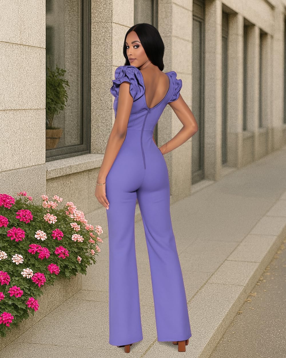 HWP Jumpsuits for Women Dressy V-Neck Sleeveless Ruffle Sexy Romper Wide Leg Pant Party Clubwear Outfits