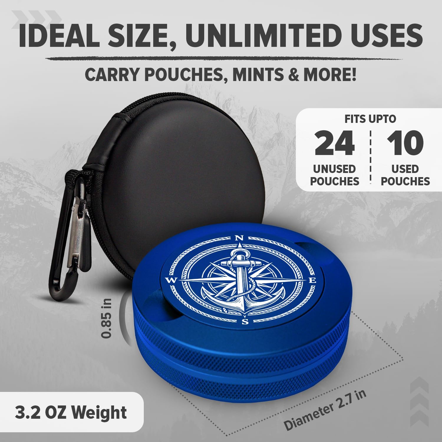 Premium Zyn Metal Can - Waterproof, Moisture & Odor Proof - Metal Zyn Container - Dip Can, Zyn Tin, Zyn Holder with Knurled Edges, Aluminum Zyn Can & Organizer (Mariner Electric Blue)